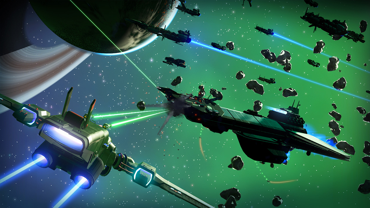 Still from the video game No Man's Sky. An epic spaceship battle is taking place near a planet with rings.
