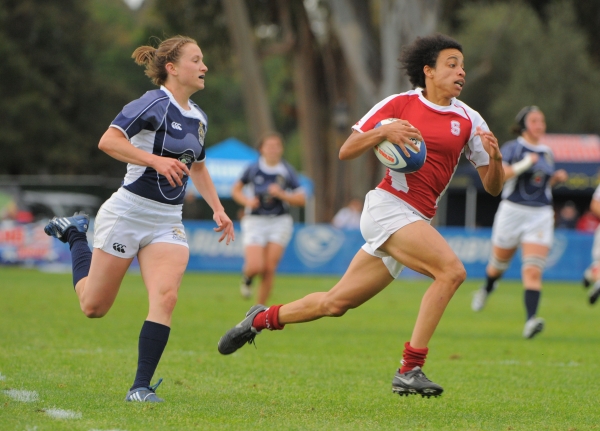 NASA astronaut Jessica Watkins as a junior at Stanford playing rugby (right).