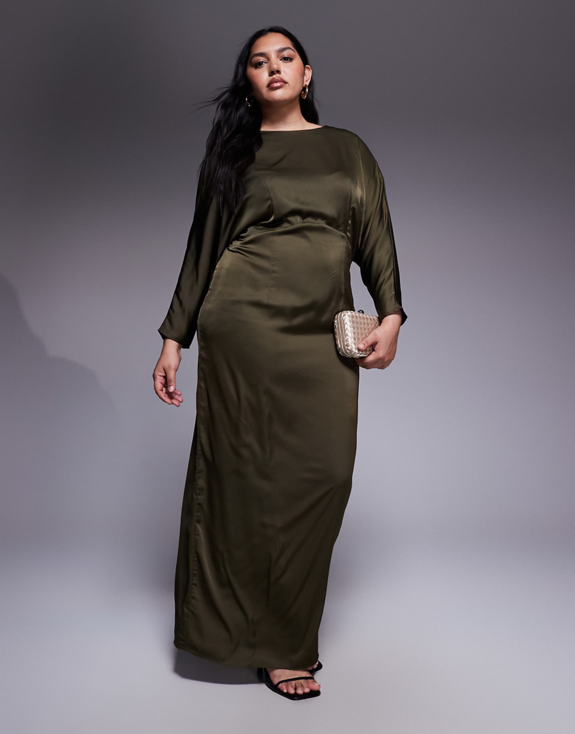 Tfnc Plus Long Sleeve Satin Cowl Back Maxi Dress in Olive Green