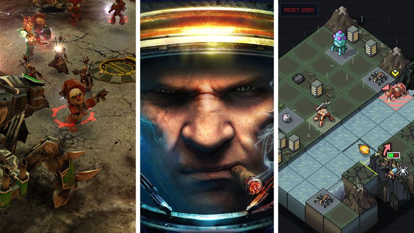 Split image showing three sci-fi strategy games: Dawn of War, StarCraft 2, and Into The Breach