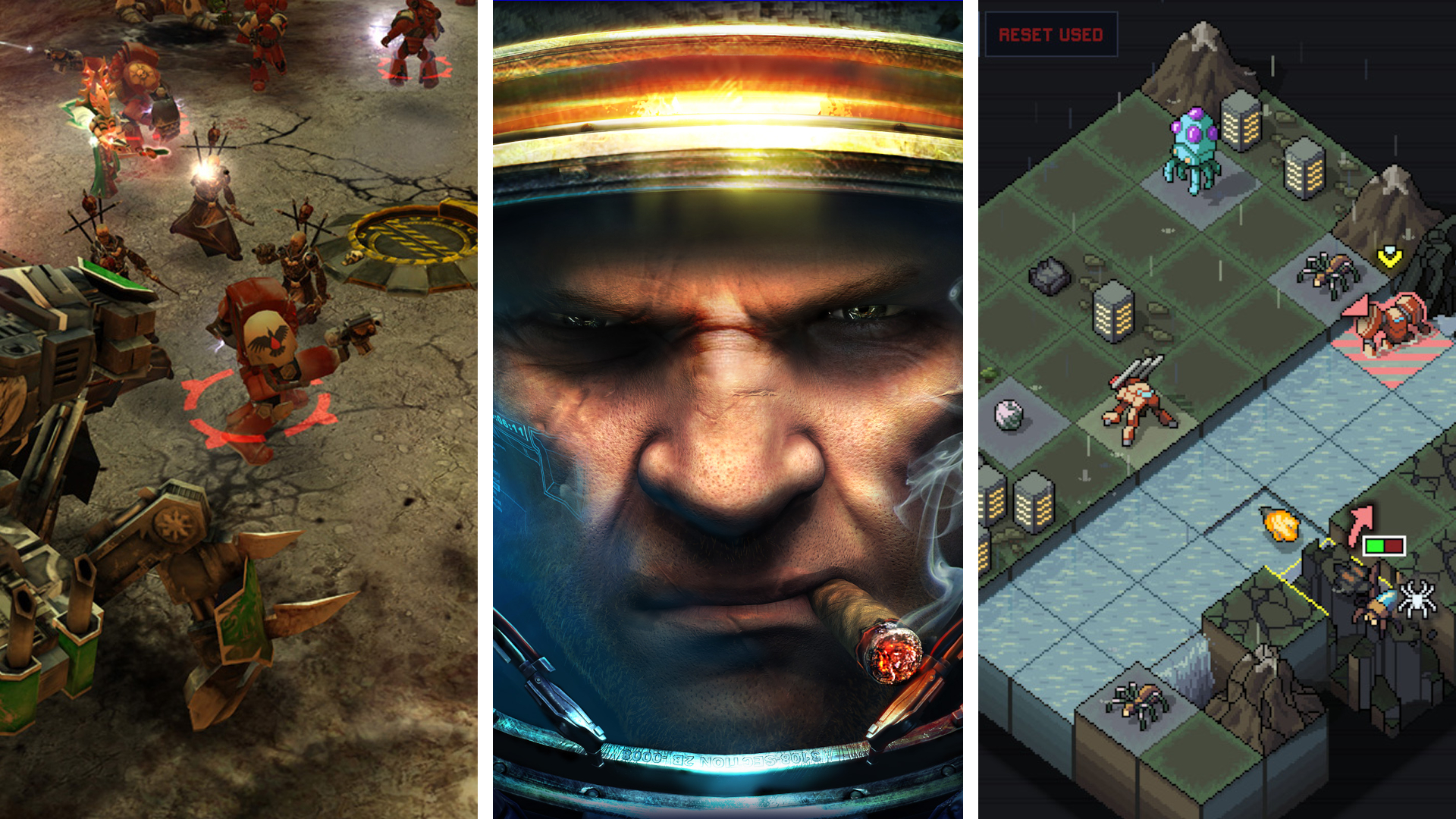 Split image showing three sci-fi strategy games: Dawn of War, StarCraft 2, and Into The Breach