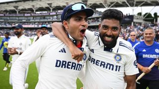 Mohammed Siraj of India celebrates after winning the match with teammate Shubman Gill on day five of the 5th Rothesay Test Match at The Kia Oval on August 04, 2025 in London, England.