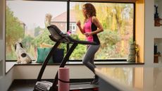 Woman doing Couch to 5k on a treadmill at home with large bay window behind machine and dog sitting on the windowsill
