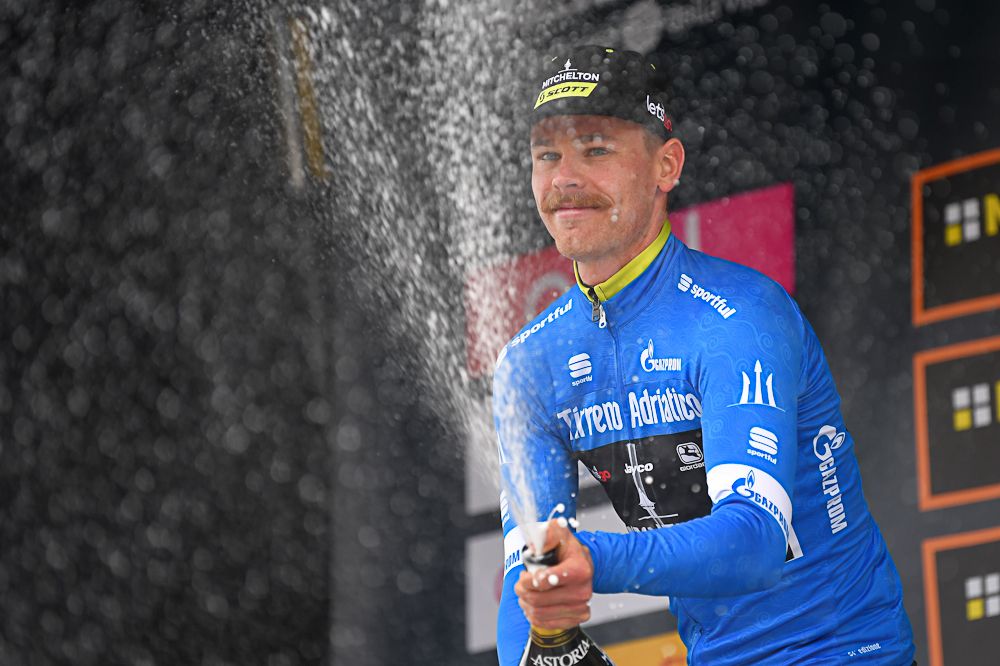 Michael Hepburn (Mitchelton-Scott) in the leader's jersey at Tirreno-Adriatico after stage 1