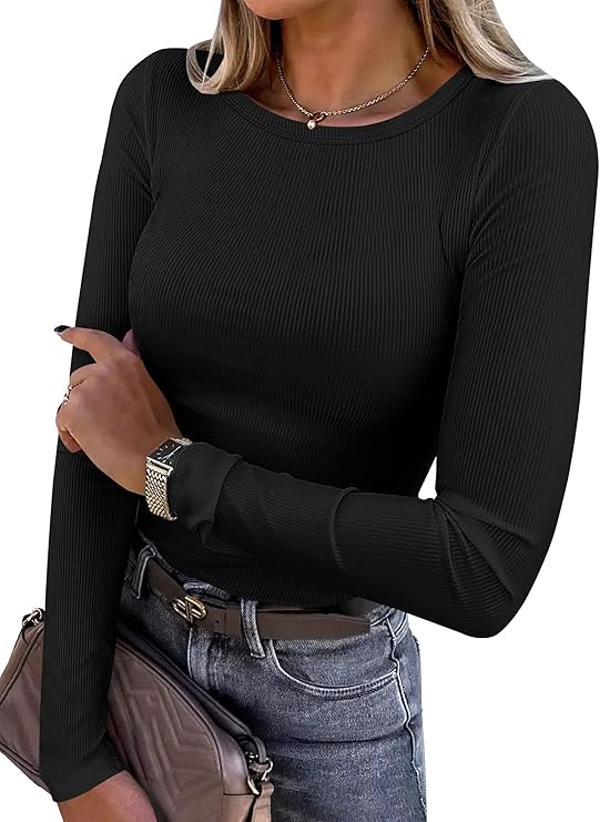 ANRABESS, Anrabess Women Long Sleeve Shirts Rib Knit Slim Fit Tops Basic Tee 2025 Fall Outfits Casual T-Shirt Underscrubs Layer Clothes Black Medium