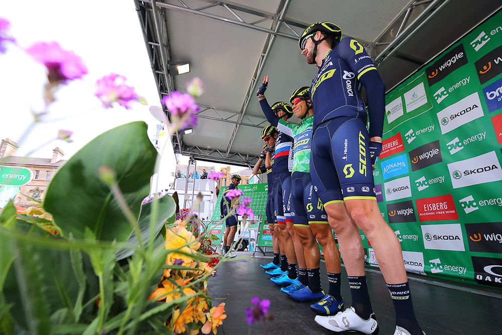 Orica-Scott at sign in before the start of stage 4
