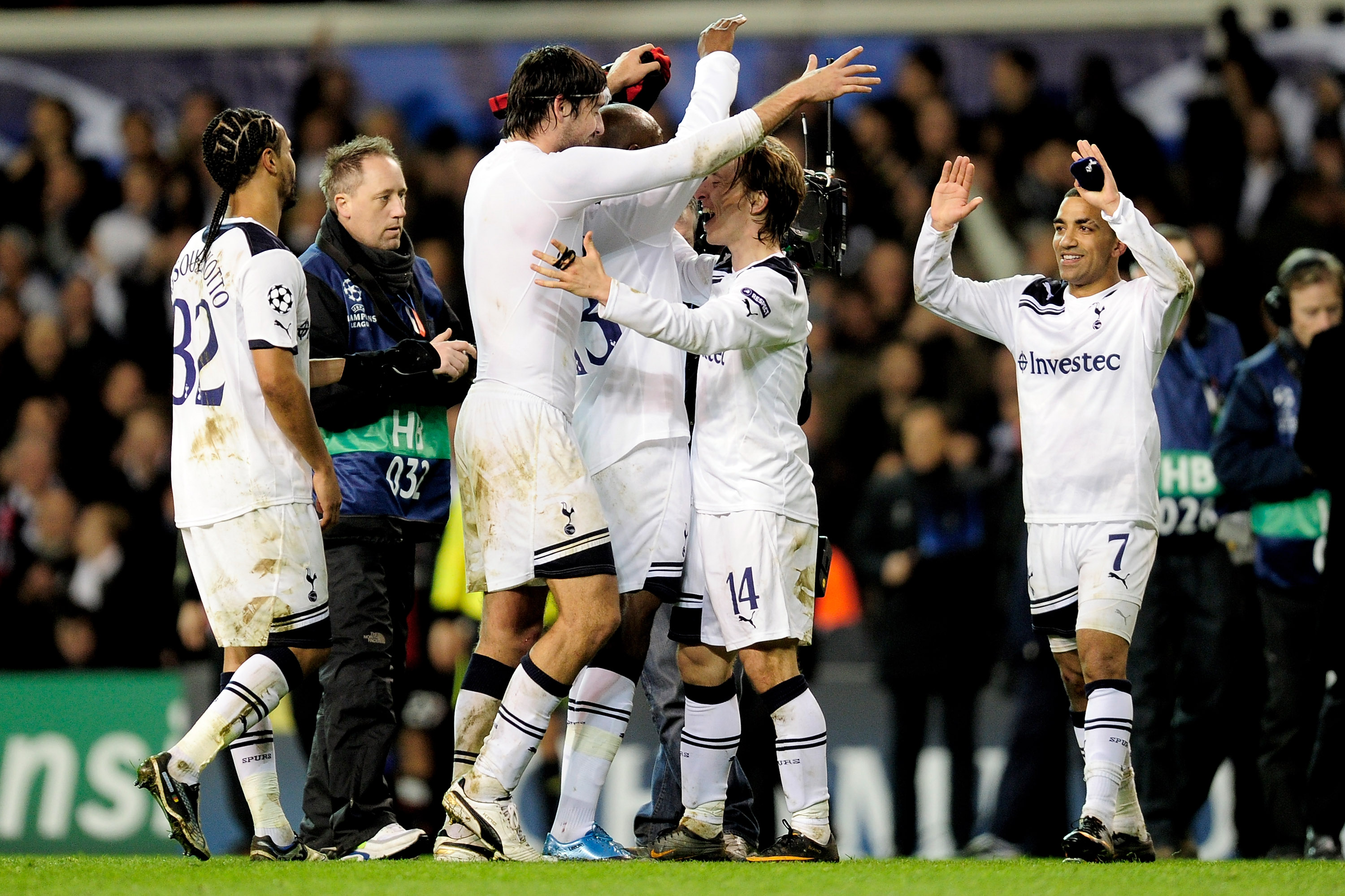 Tottenham players celebrate after knocking out AC Milan in the last 16 of the Champions League following a 0-0 draw at White Hart Lane in March 2011.