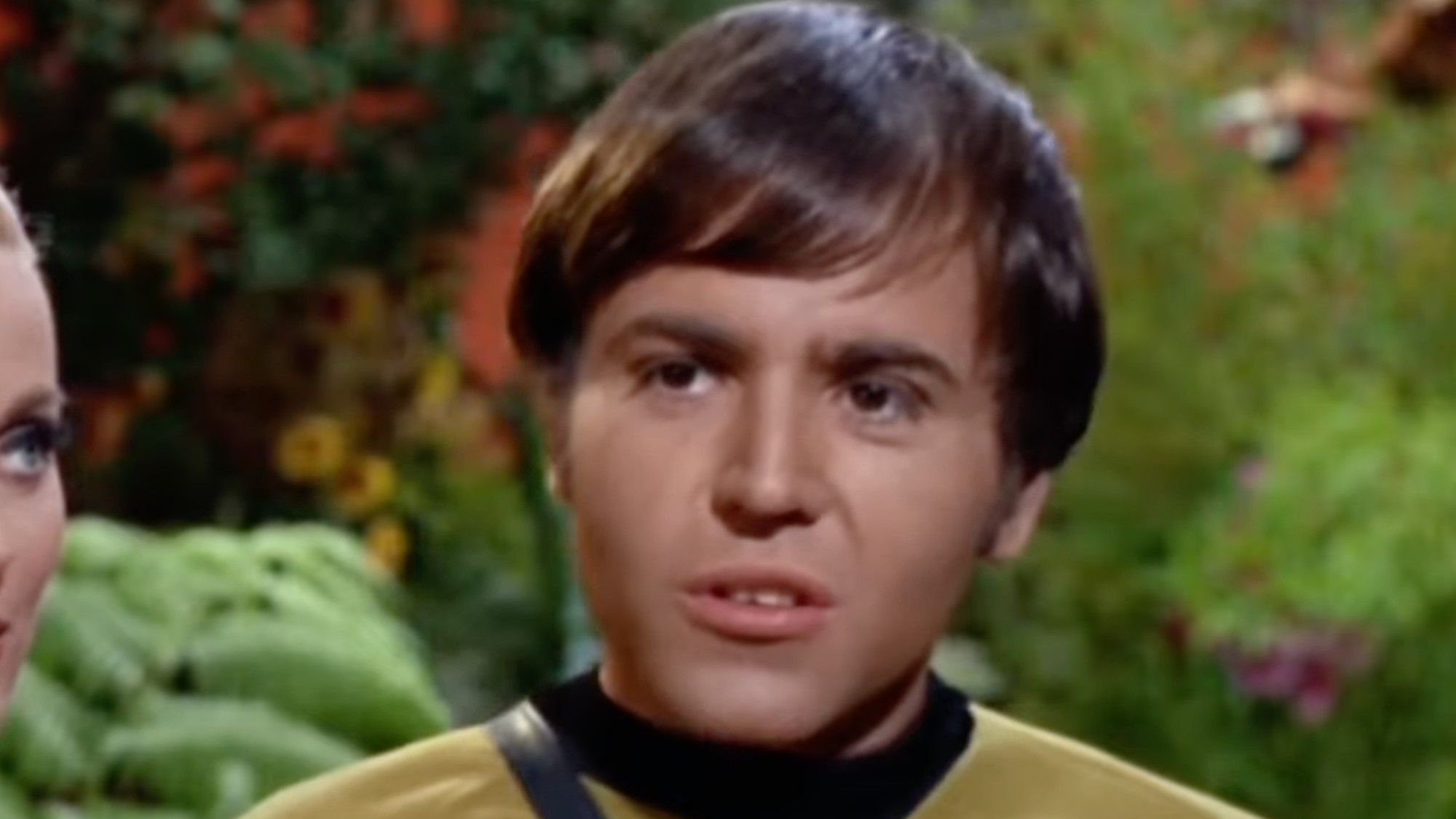 Chekov in Star Trek wearing his regular Starfleet uniform. 