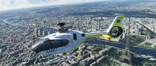 An image of an Airbus H135 helicopter modded into Microsoft Flight Simulator