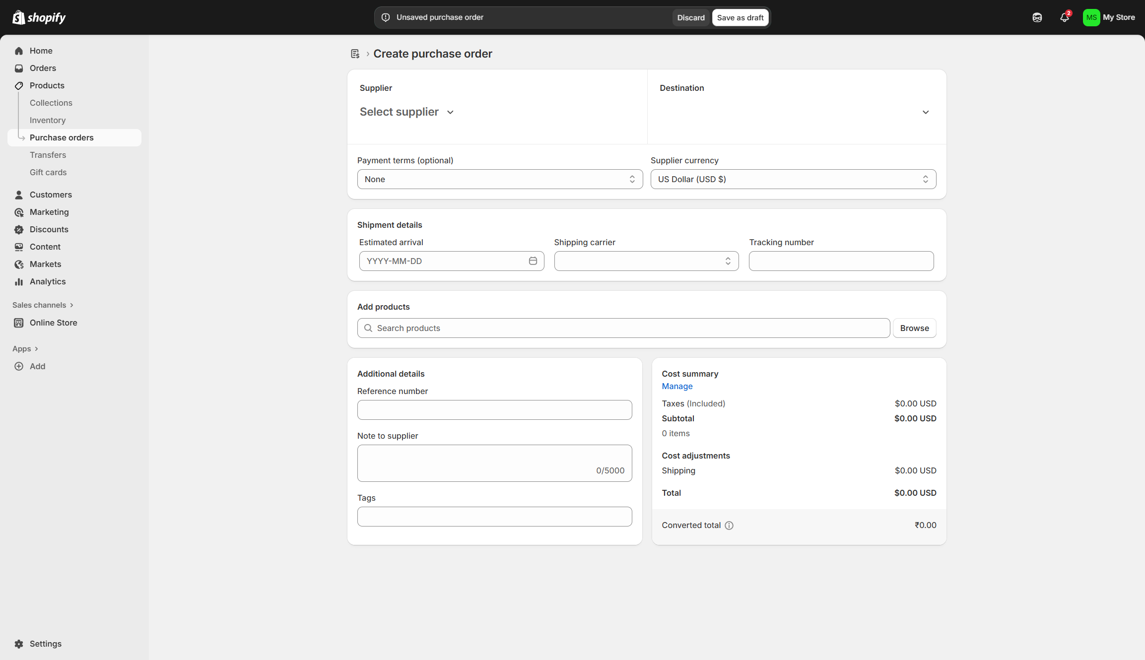 Screenshot of Shopify purchase order screen with a form to fill out details oft he purchase order.