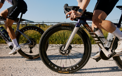 Hunt gravel wheels riding shot in BMC bike on gravel