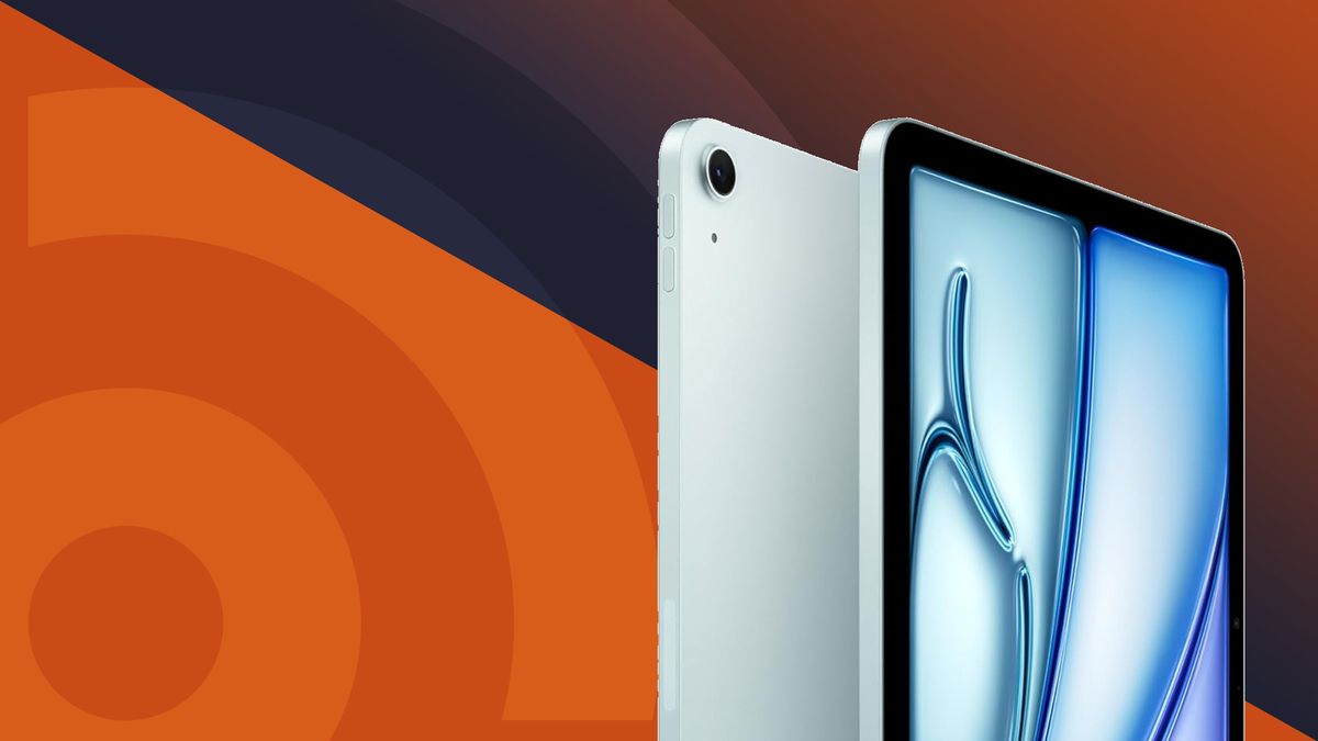 Apple iPad Air (M3) in blue front and back on top of an orange TechRadar logo