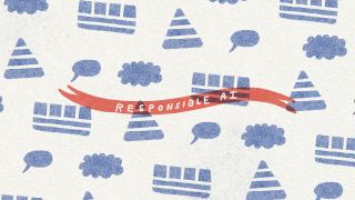 A piece of key art from Microsoft, with a patterned backgrounds and the words 'Responsible AI' on a red ribbon.