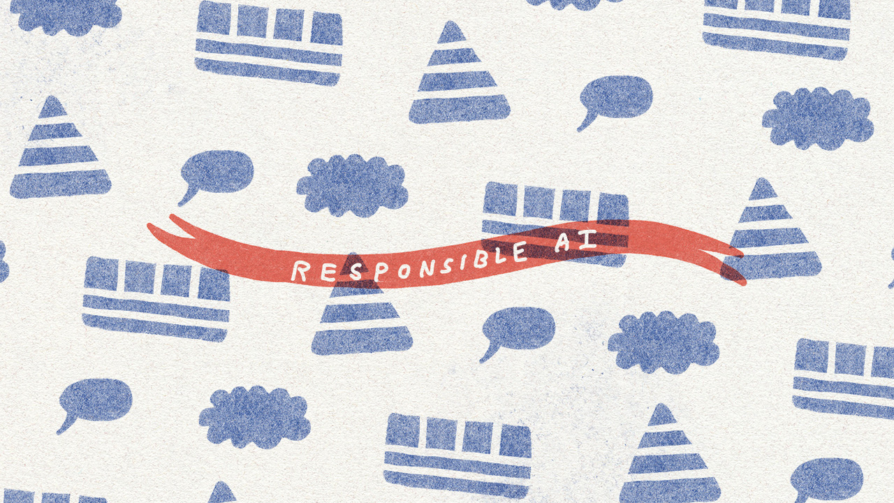 Ein Schlüsselkunstwerk Von Microsoft Mit Einem Gemusterten Hintergrund Und Den Worten „Responsible Ai“ Auf Einem Roten Band.
