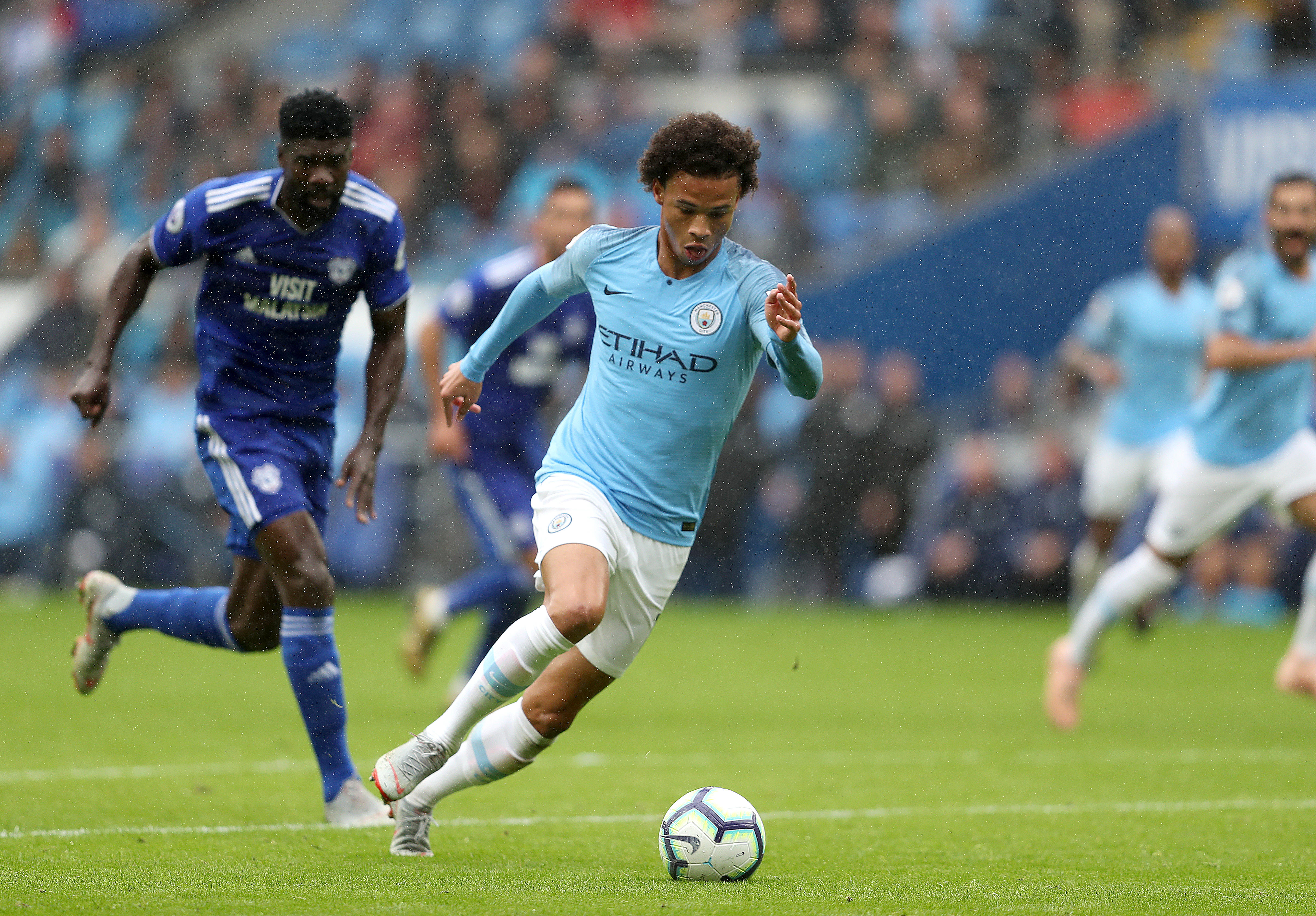 Leroy Sane playing for Manchester City against Cardiff City in 2018