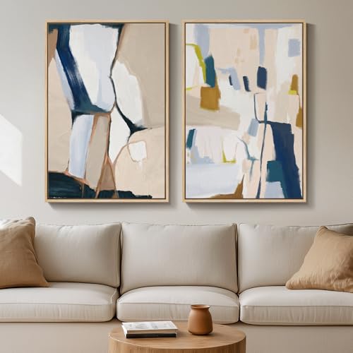 Large Framed Neutral Abstract Wall Art for Living Room, Set of 2 Bright Modern Canvas Prints Paintings Artwork for Walls, Colorful Abstract Pictures for Hallway Stair Bedroom Office Wall Decor 24x36 in