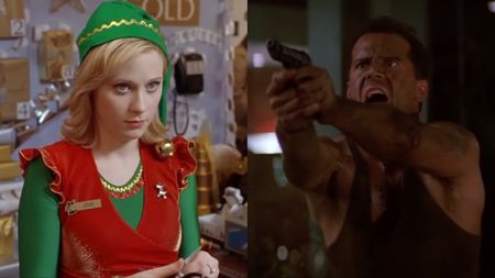 Side-by-side pictures of Zooey Deschanel in Elf and Bruce Willis in Die Hard