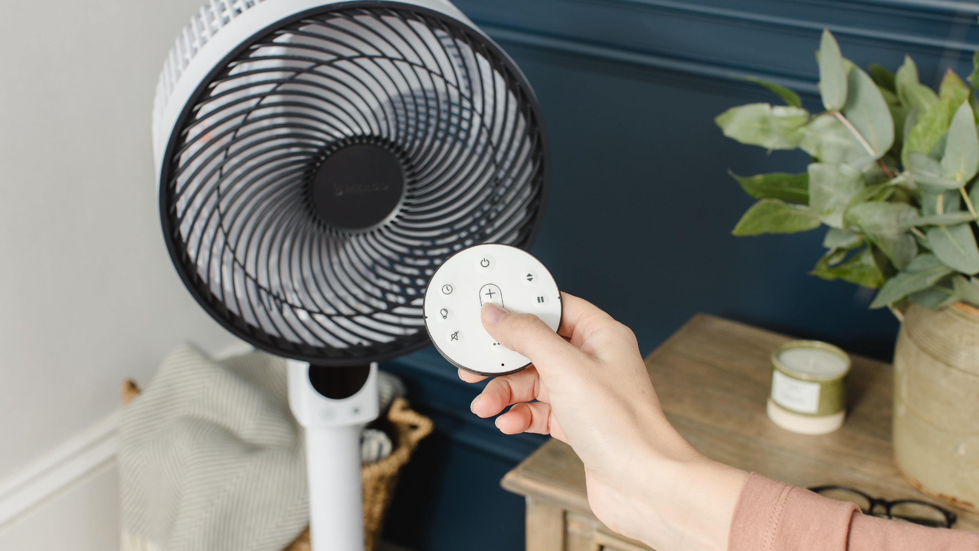 Using the remote control for the Meaco MeacoFan Sefte 10'' pedestal air circulator in a room with a teal wall, wooden side table and a plant