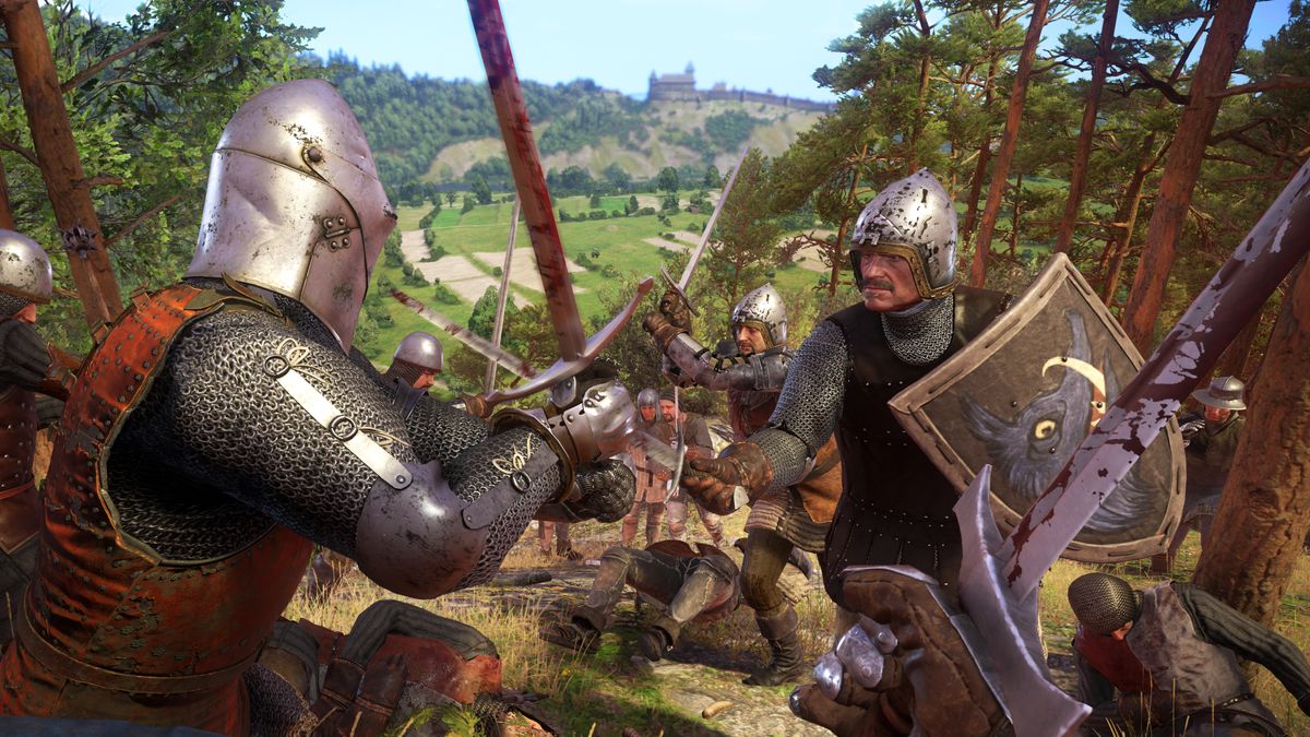 Kingdom Come Deliverance RPG game screenshot showing medieval knights fighting in a battle