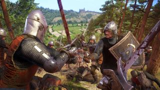 Kingdom Come Deliverance RPG game screenshot showing medieval knights fighting in a battle