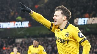 Rodrigo Gomes of Wolverhampton Wanderers celebrates the goal during the Premier League match between Wolverhampton Wanderers and Liverpool at Molineux in Wolverhampton, England, on March 3, 2026. 
