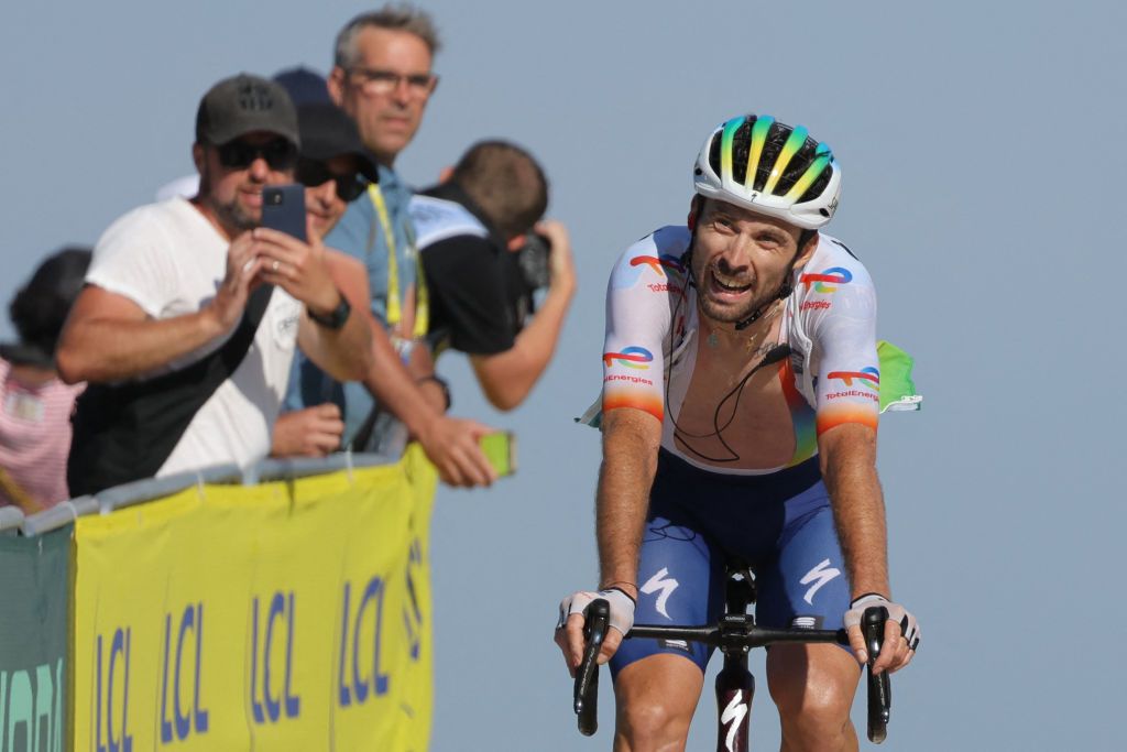 TotalEnergies French rider Pierre Latour cycles to the finish line during the 9th stage of the 110th edition of the Tour de France cycling race 1825 km between SaintLeonarddeNoblat and Puy de Dome in the Massif Central volcanic mountains in central France on July 9 2023 Photo by Thomas SAMSON AFP Photo by THOMAS SAMSONAFP via Getty Images