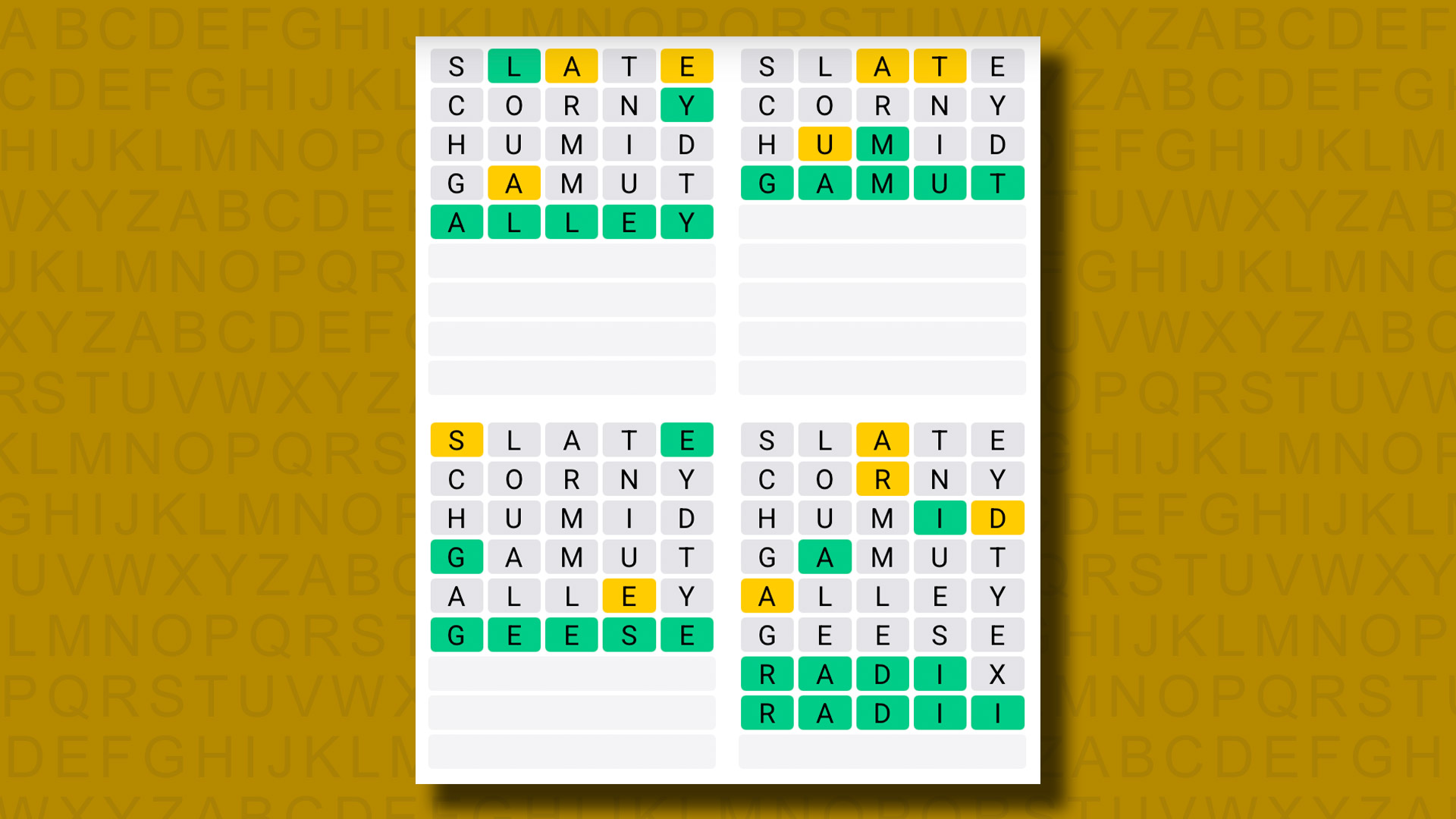 Quordle Antworten für Spiel 1154 auf gelben Hintergrund