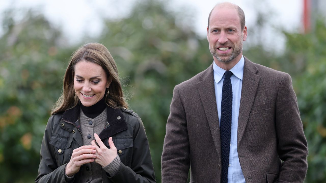 Catherine, Princess of Wales and Prince William, Prince of Wales walk during a visit to Long Meadow Cider on October 14, 2025 in Craigavon