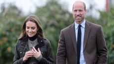 Catherine, Princess of Wales and Prince William, Prince of Wales walk during a visit to Long Meadow Cider on October 14, 2025 in Craigavon