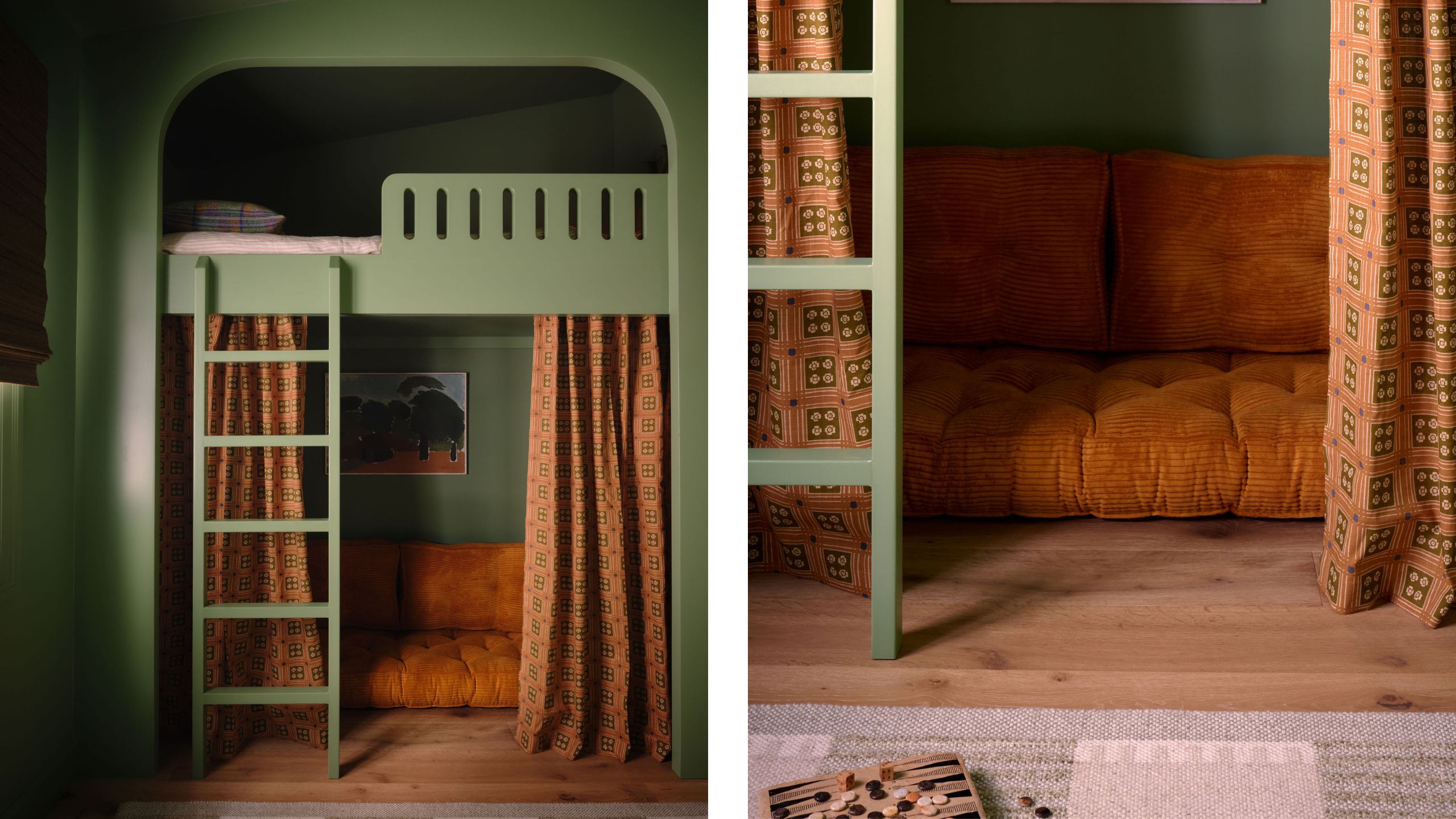 two side by side images of a kids bunk room with custom bunk bed with curved arch detail, and ladder all painted in an apple green with orange patterned drapes and a cord floor settee beneath