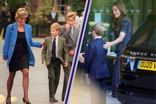Princess Diana pats Prince Harry on the back, split layout with Kate Middleton patting Prince George on the back