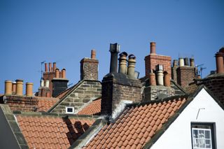 Variety of chimneys on rooftops