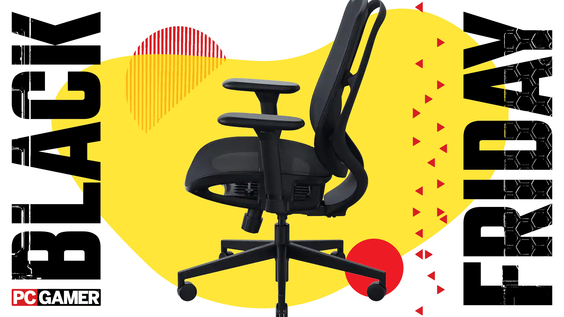 Razer&#039;s Fujin gaming chair on a yellow background with the words &#039;Black&#039; and &#039;Friday&#039; on either side.
