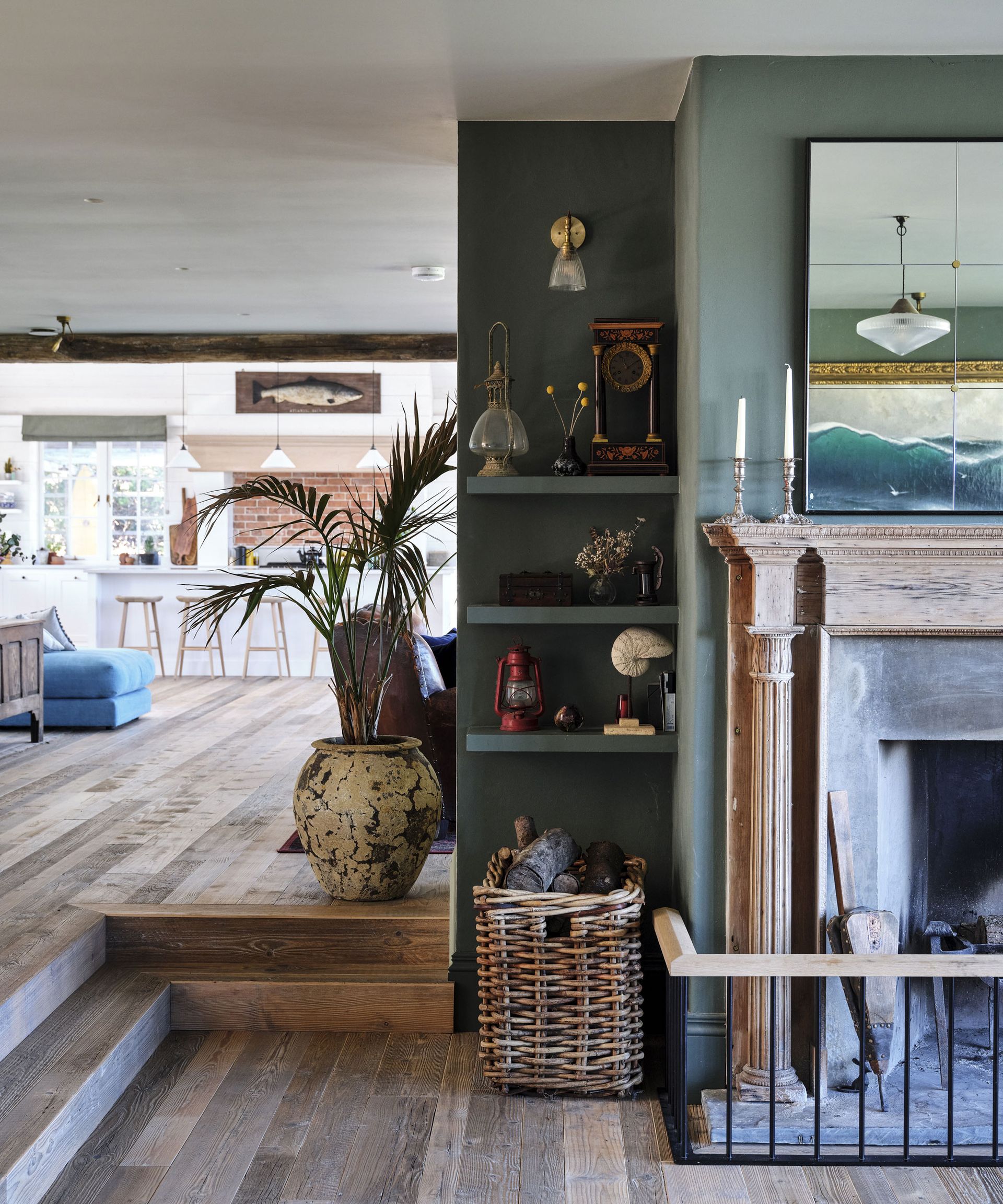 Living room with fireplace in Cornish coastal new build