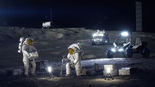 An artist&rsquo;s concept of astronauts working on the lunar surface.
