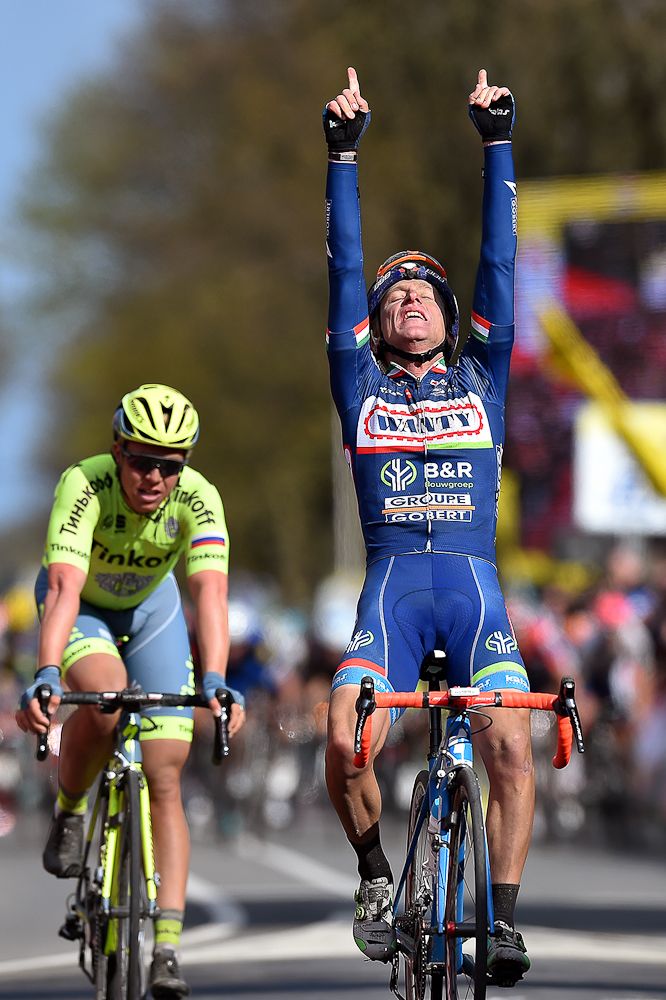 Enrico Gasparotto celebrates winning the 2016 Amstel Gold Race