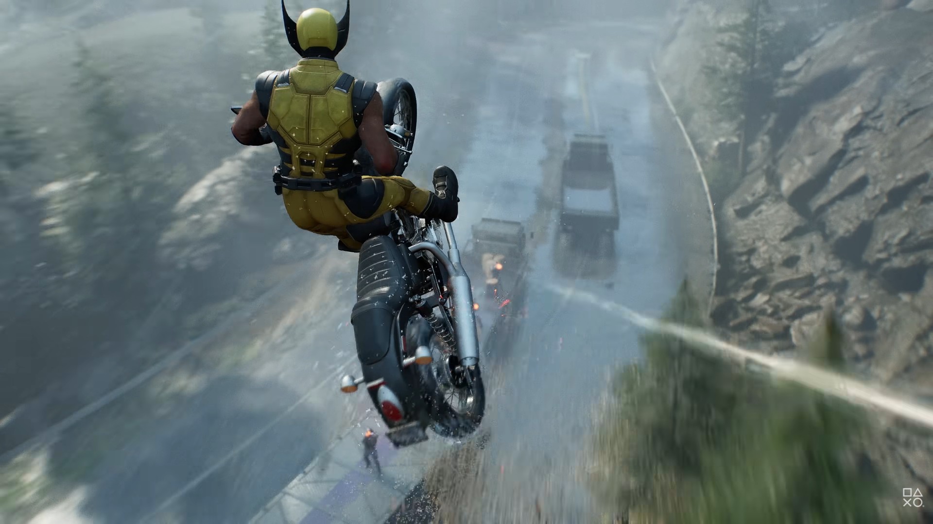 Wolverine is on a motorcycle during a chase sequence from the Marvel's Wolverine trailer, jumping high into the air on it as he's under fire