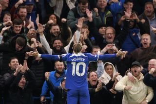 Mykhailo Mudryk celebrates after scoring for Chelsea against Arsenal in October 2023.