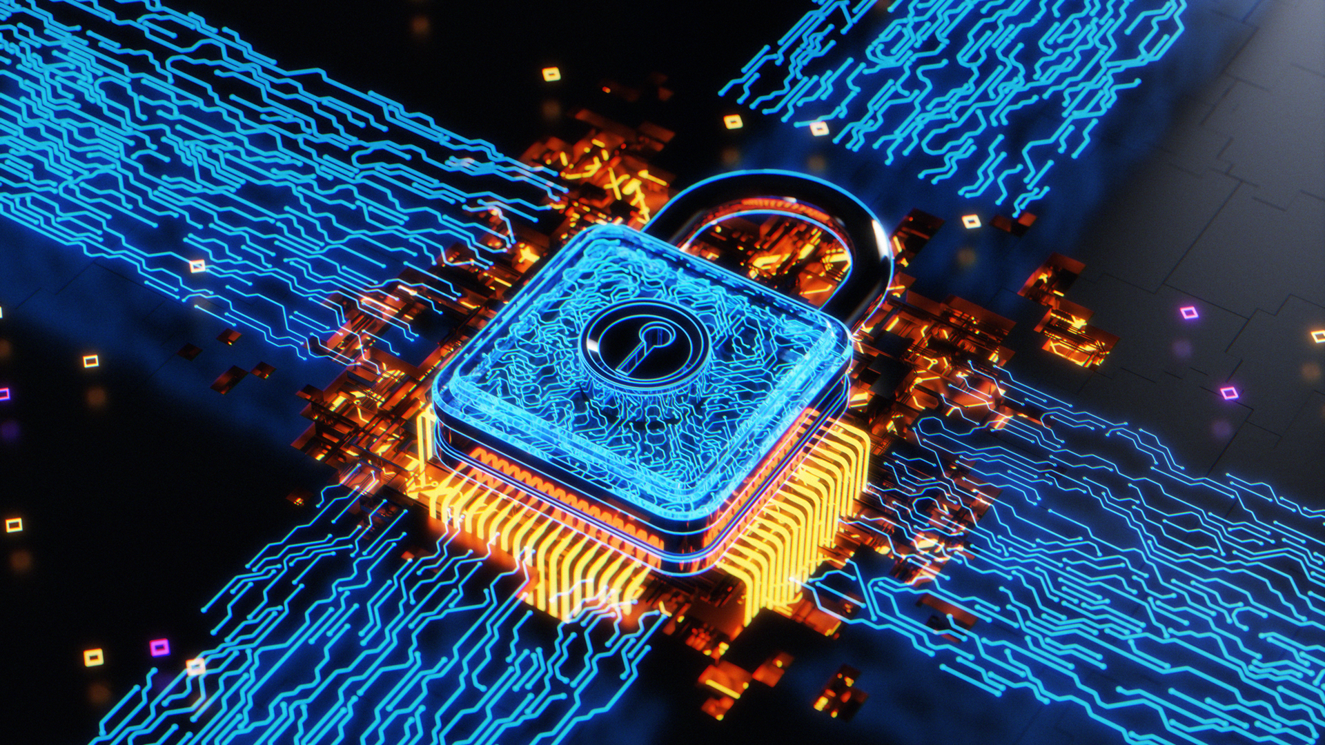 Security padlock and futuristic circuit board