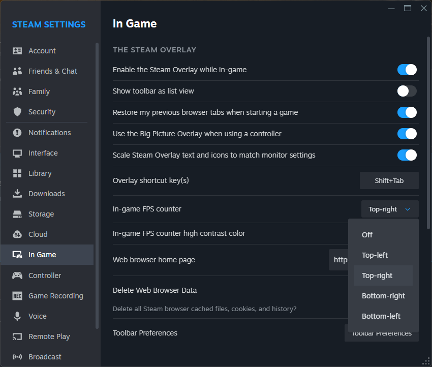 The old in-game overlay options, only letting the player select where the FPS counter goes.