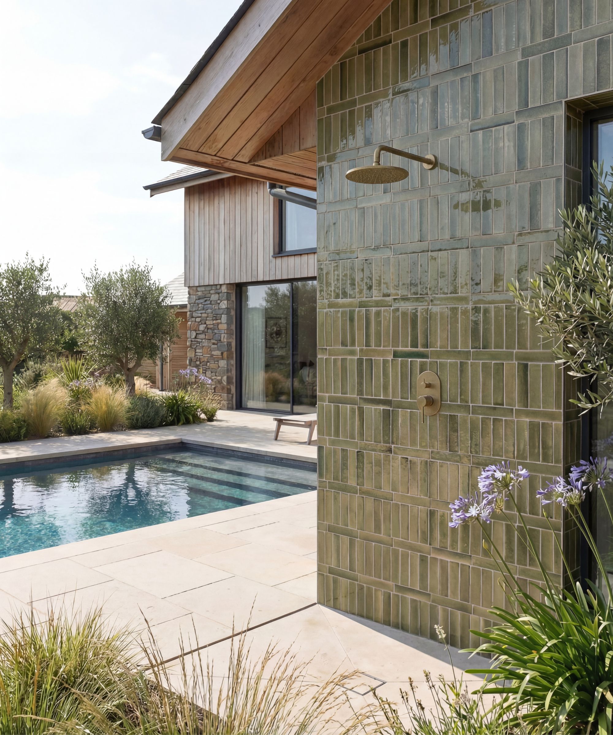 A glazed olive green brick-tiled outdoor shower on a house exterior beside a swimming pool.