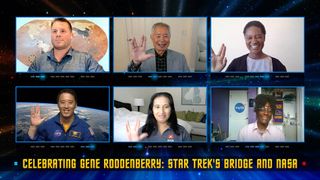 Rod Roddenberry (top left), George Takei, Tracy Drain, Jonny Kim (bottom left), Swati Mohan and Hortense Diggs participate in a panel discussion as part of the program Celebrating Gene Roddenberry: Star Trek's Bridge and NASA.