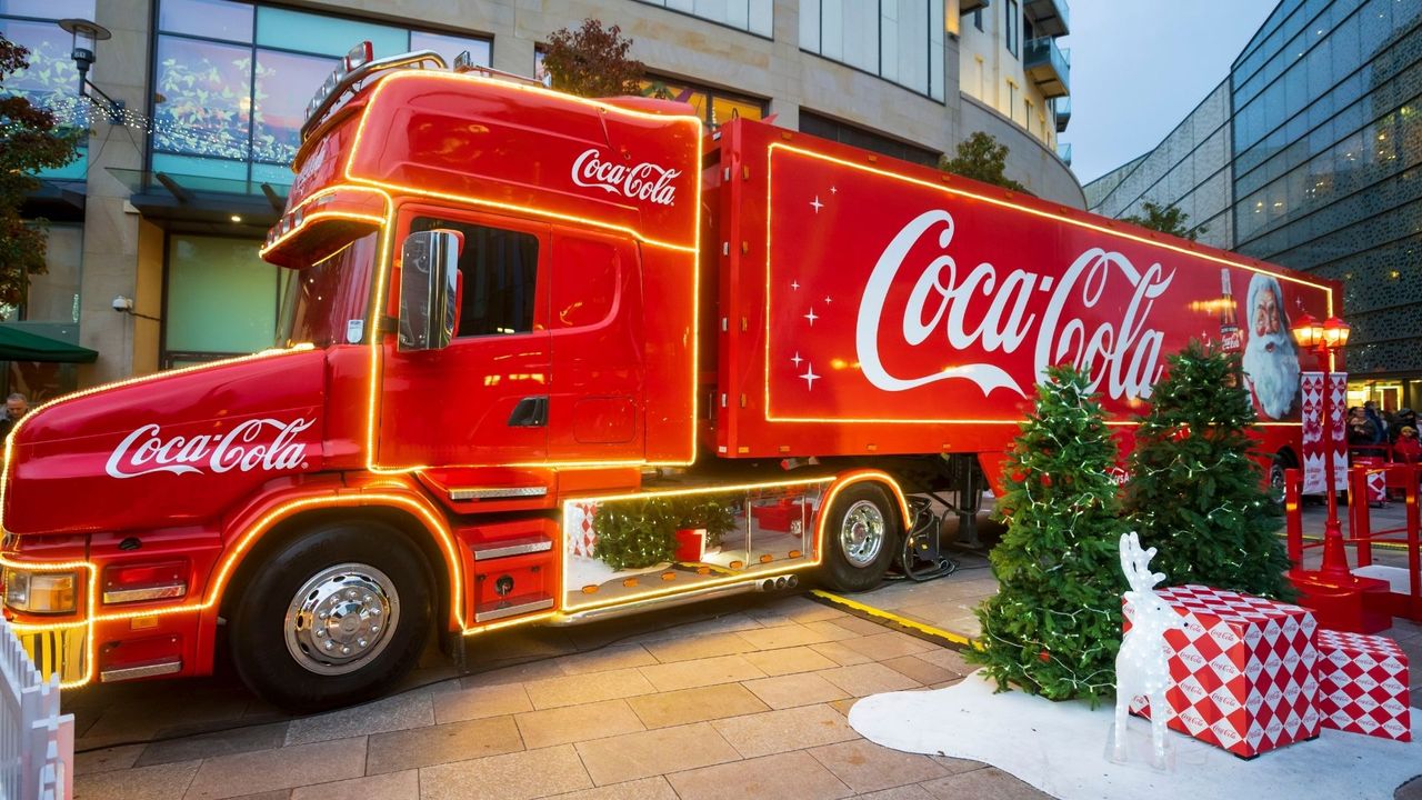 A general view of the Coca Cola truck in Cardiff city centre