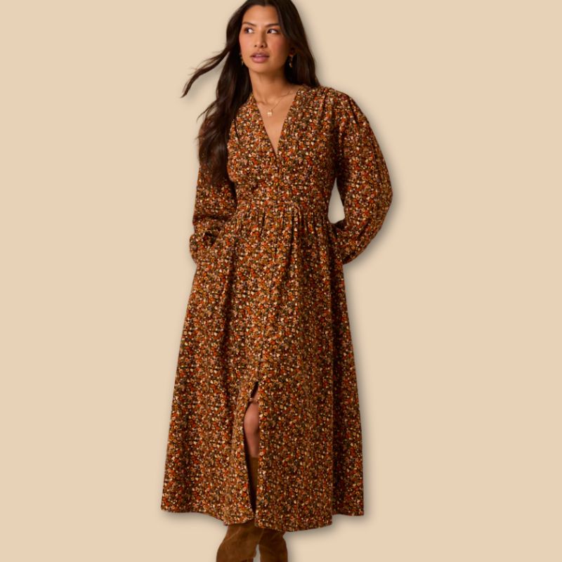 A model wears a brown floral Starlight dress by Nobody&#039;s Child