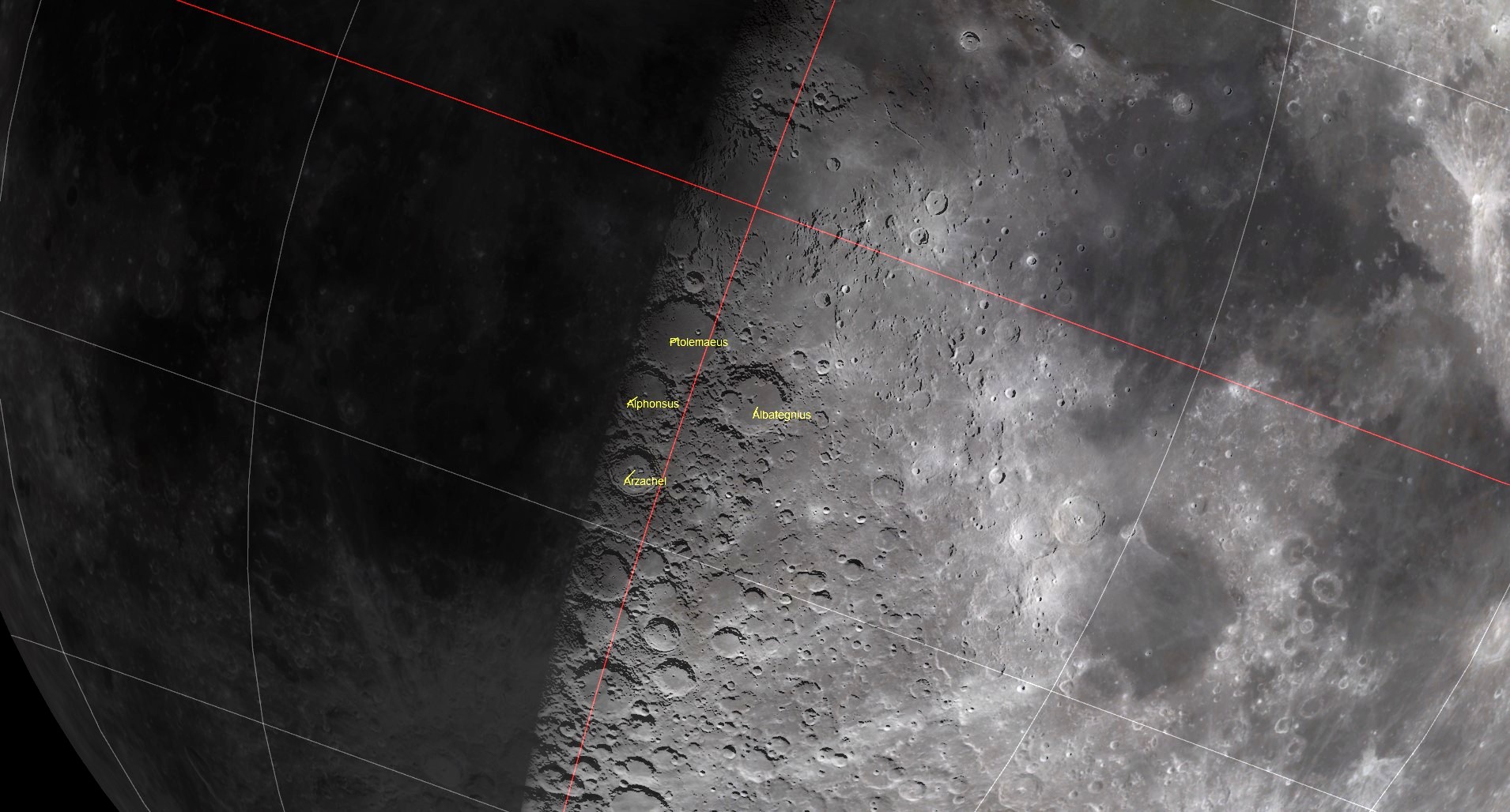 Map of the moon showing three large craters: Ptolemaeus, Alphonsus, and Arzachel.