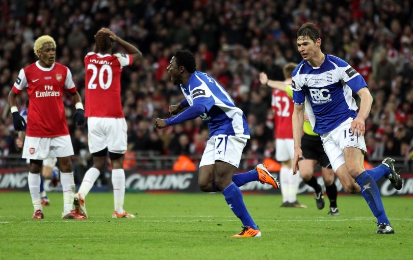 Birmingham City&#039;s Obafemi Martins and Nikola Zigic celebrate the winning goal against Arsenal in the 2011 League Cup final