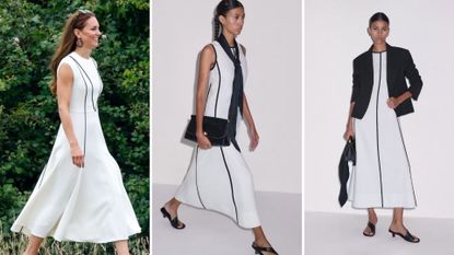 Kate Middleton on July 6, 2022 in Windsor, and two ME+EM models wearing the Effortless Maxi Dress