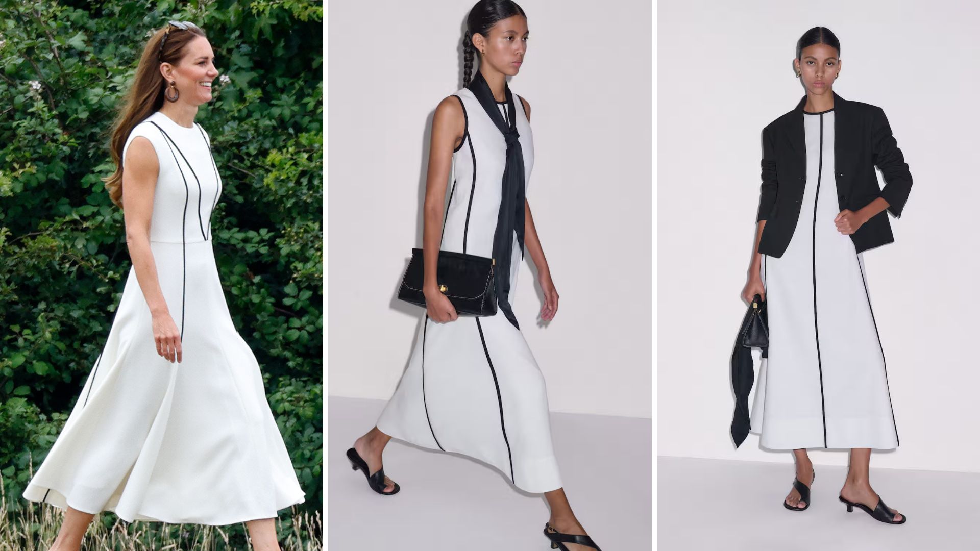 Kate Middleton on July 6, 2022 in Windsor, and two ME+EM models wearing the Effortless Maxi Dress