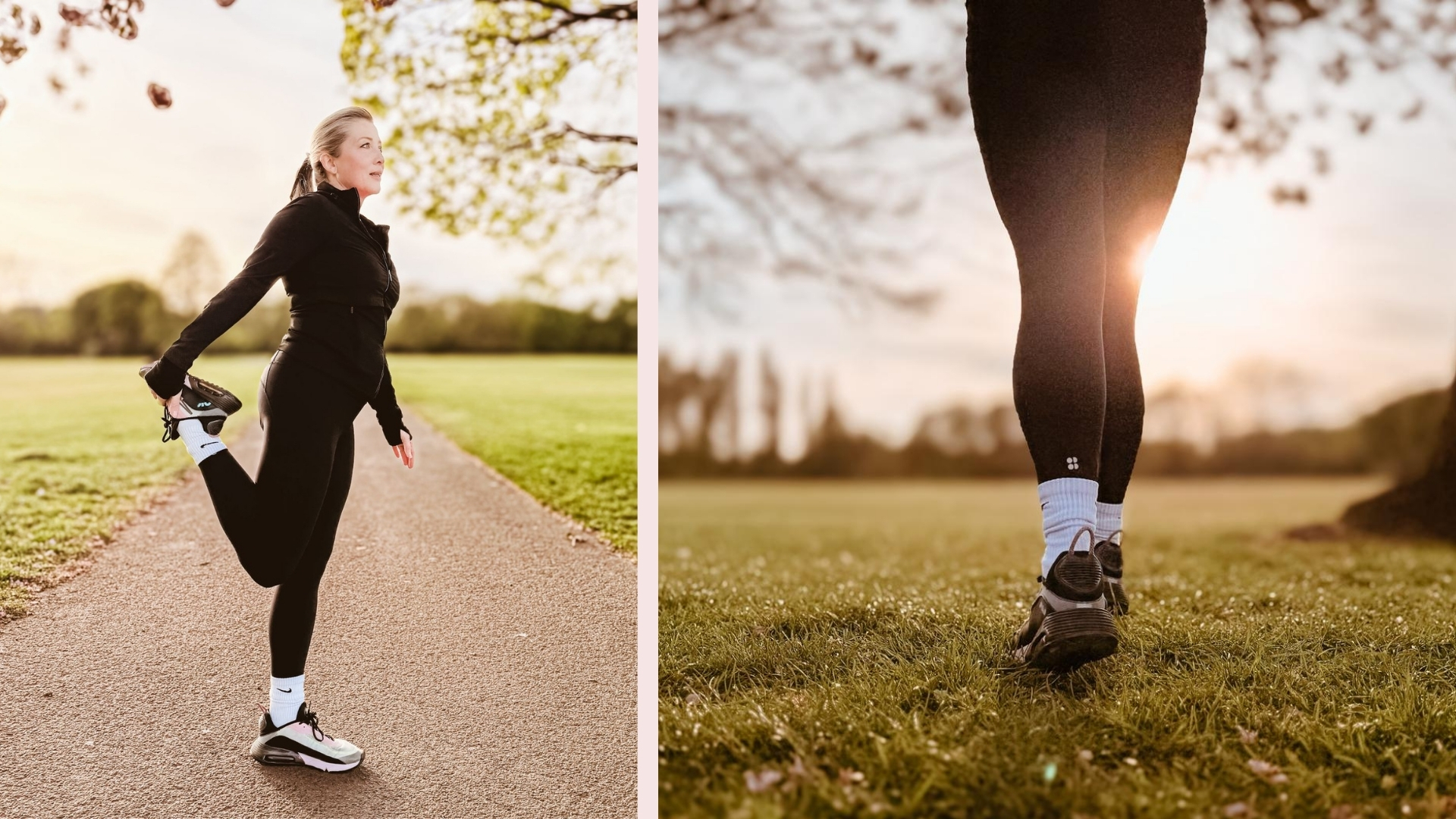Tester wearing Sweaty Betty Power Leggings in two lifestyle shots showing running during a real product review.