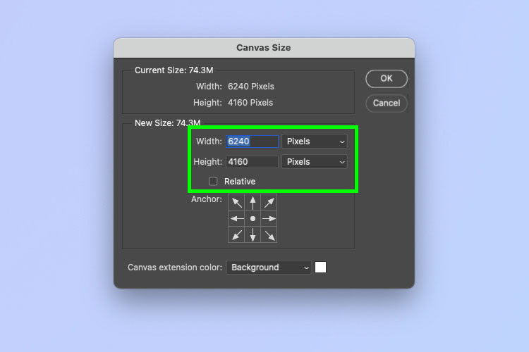 A screenshot showing how to change canvas size in Photoshop